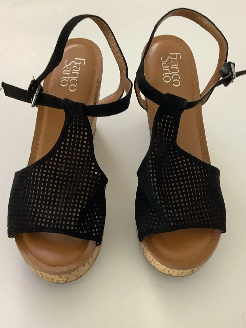 Franco Sarto Black Perforated T-Strap 4” Cork Wedge Sandals